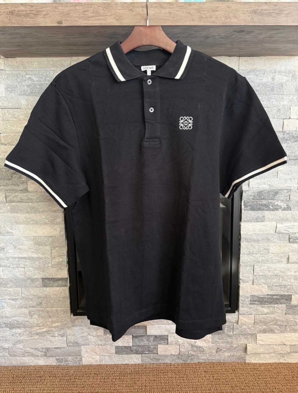 LOEWE Anagram Embroidered Black Polo Shirt White Trim Men's Size Medium